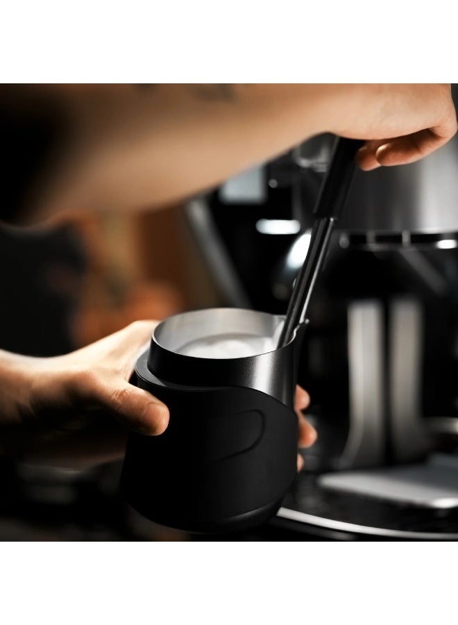 MHW-3BOMBER GT Milk Pitcher Handle less, Black – 400 ml Stainless Steel Latte Art Pitcher with Silicone Sleeve Grip, U-Shaped Spout, Dual Scale Markings and Ergonomic Design for Latte Art - Image 2